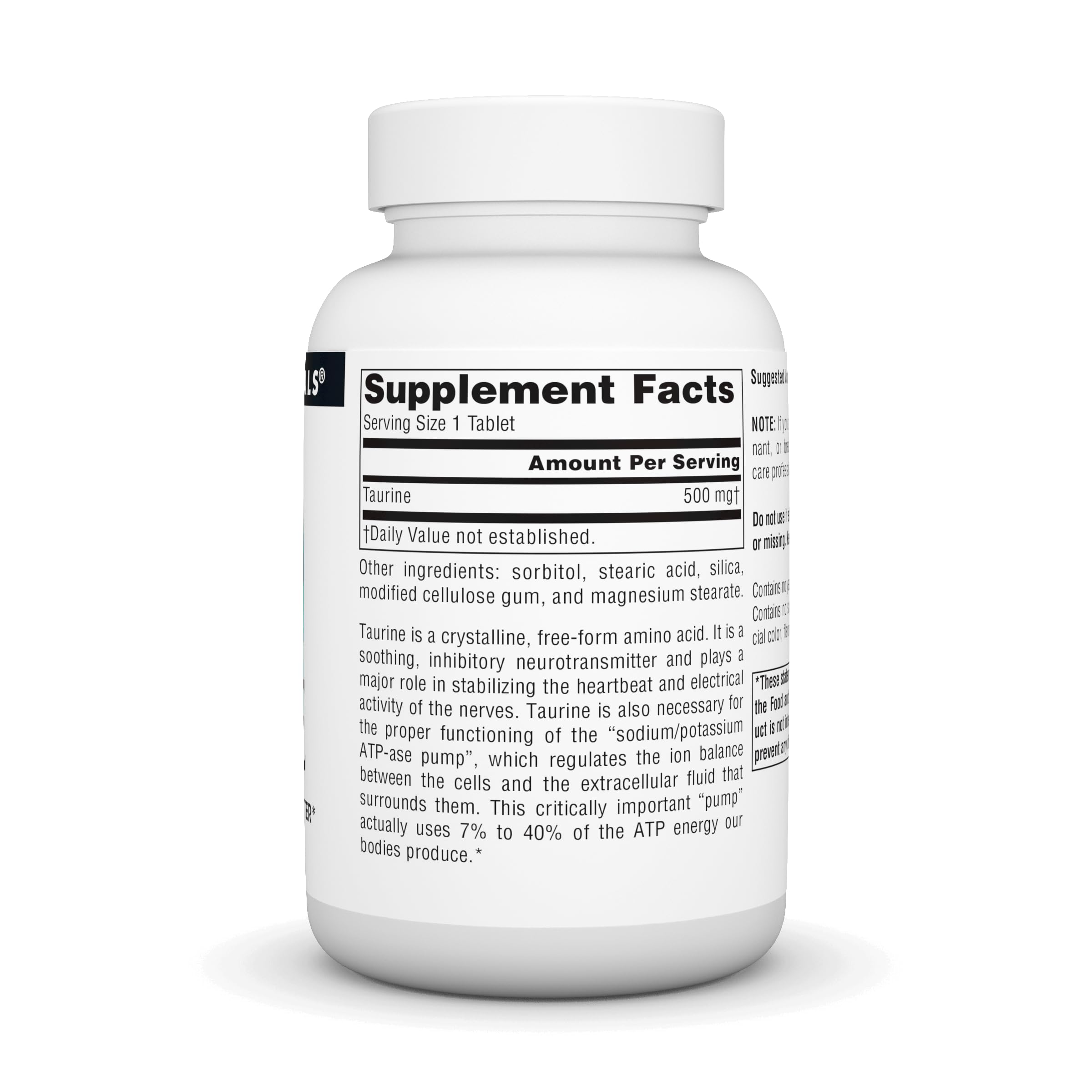 Close-up of taurine 500 mg tablets showcasing vegetarian formula