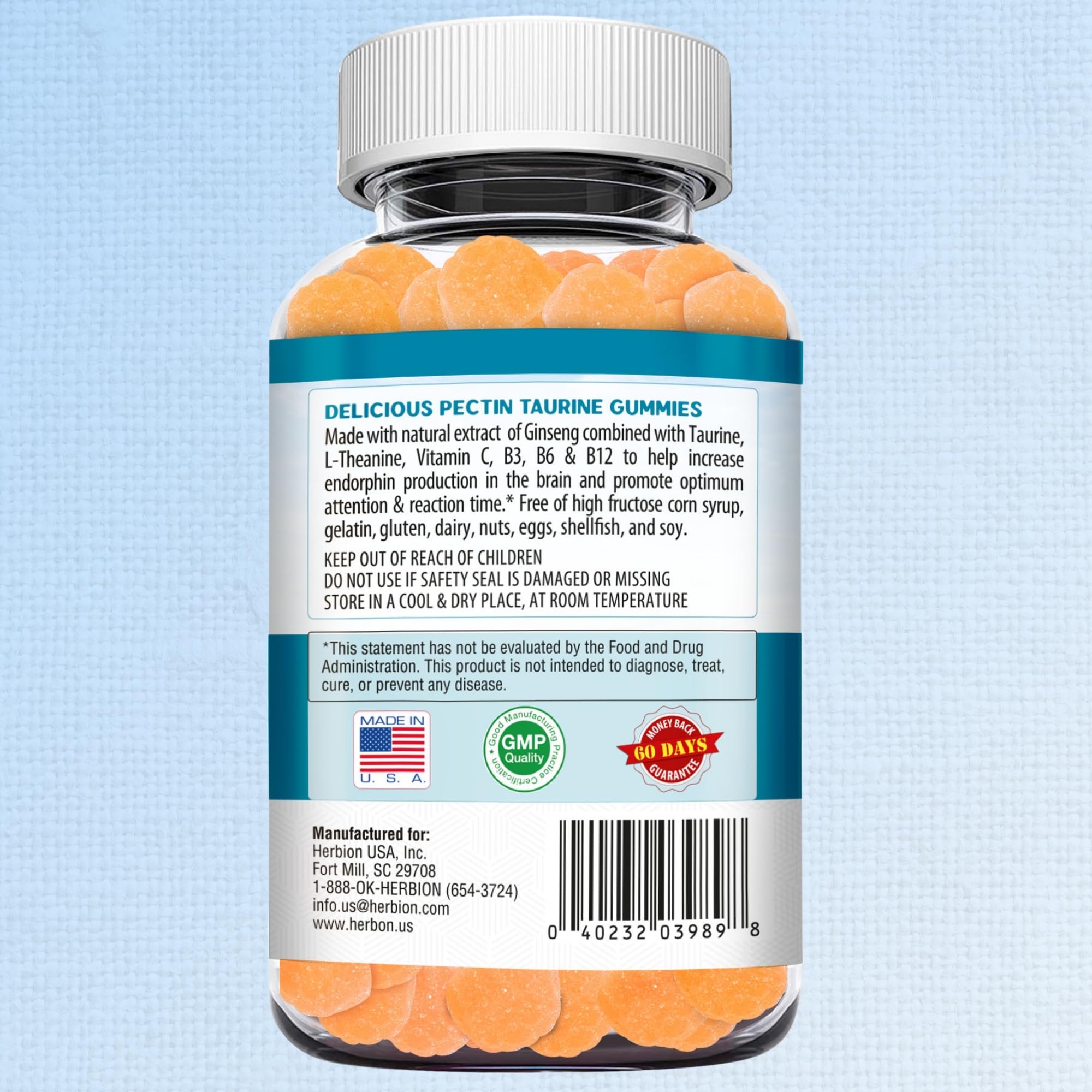 Graphic illustrating taurine gummies ingredients including ginseng and L-Theanine