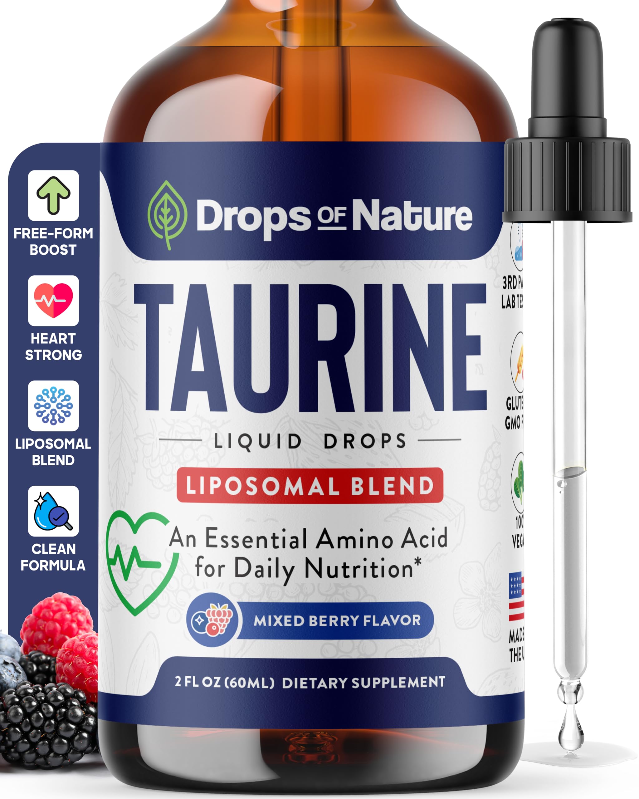 Taurine Liquid Drops bottle with Mixed Berry flavor (60 mL)