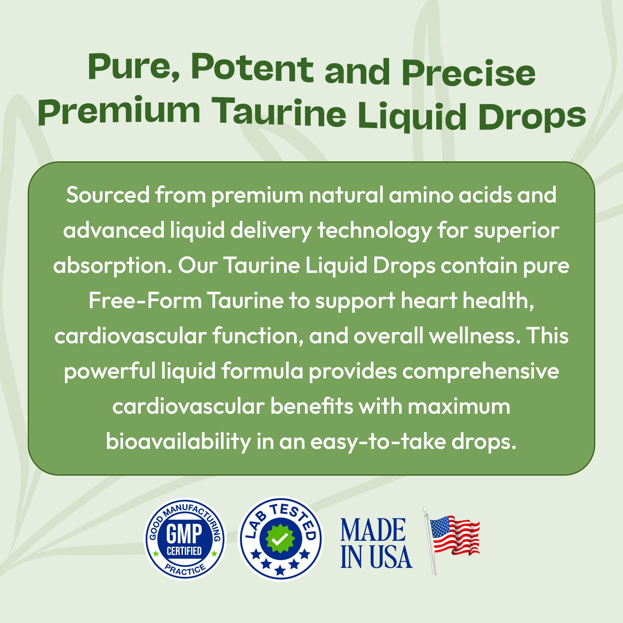 Lab-tested purity seal on taurine liquid drops