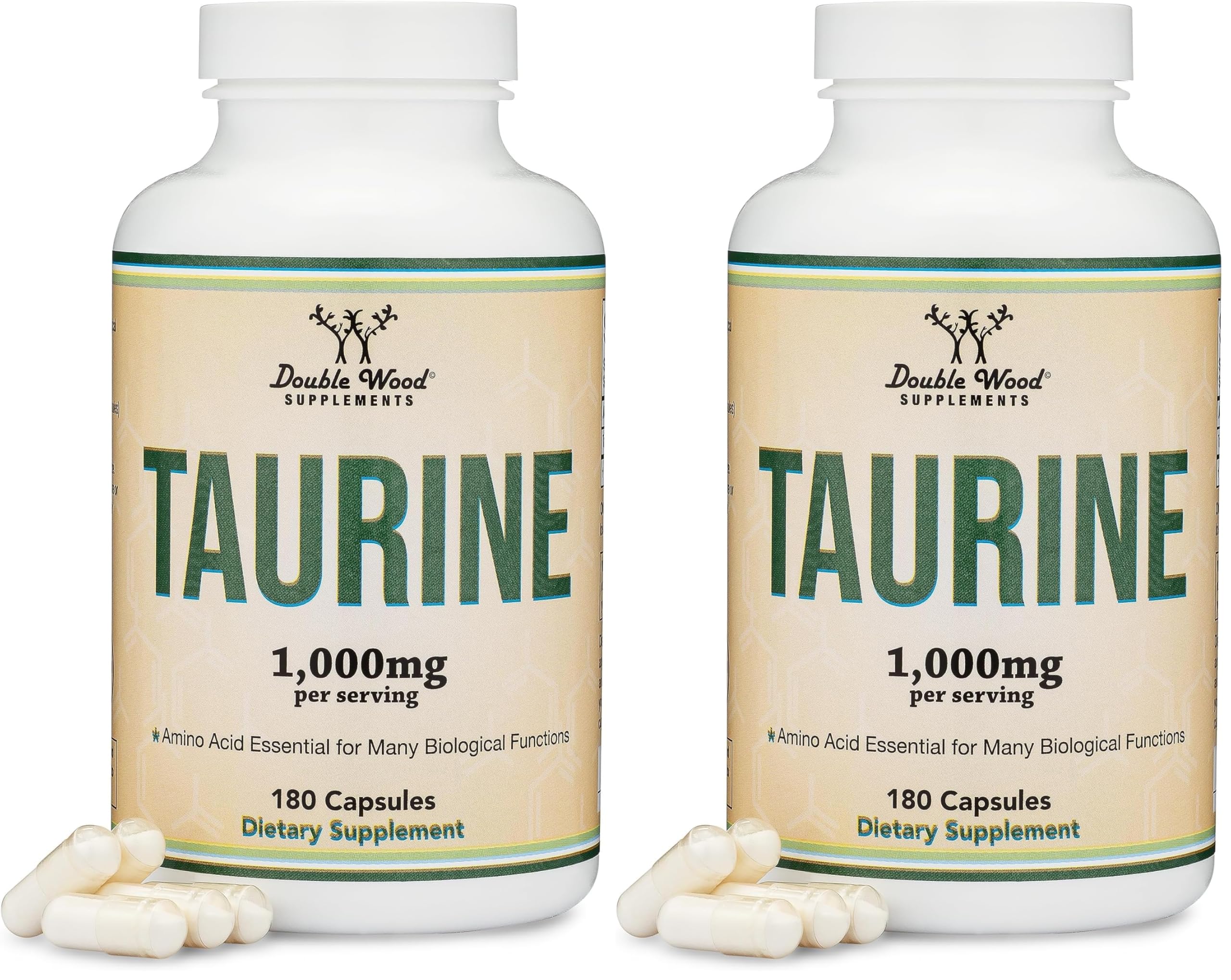 Taurine supplement bottle front view - 1000mg per serving, 180 capsules, pack of 2