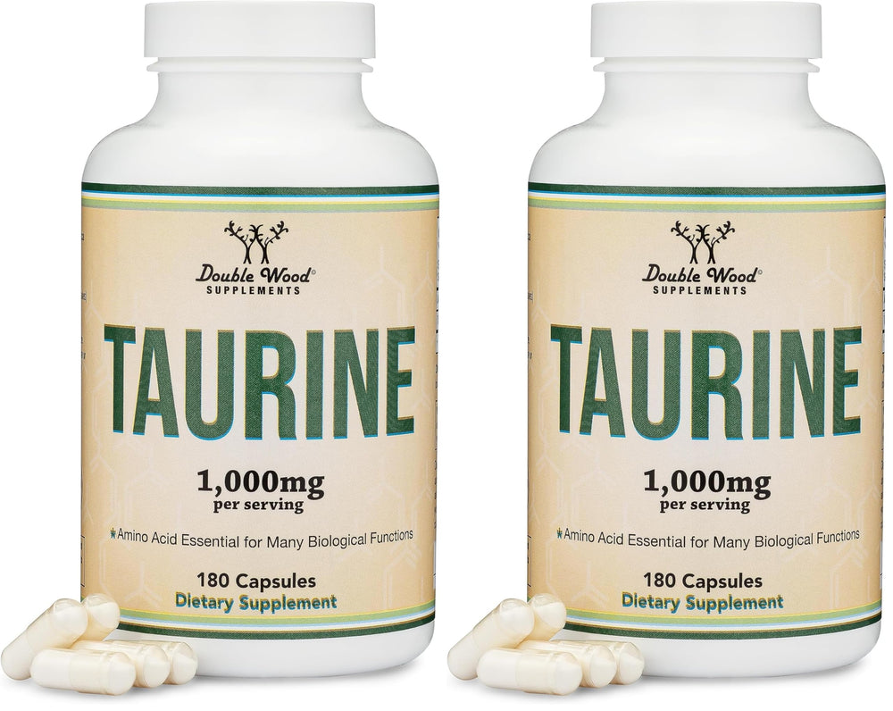 Taurine supplement bottle front view - 1000mg per serving, 180 capsules, pack of 2