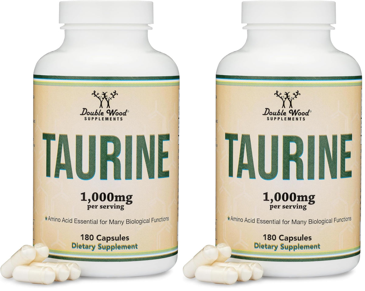 Taurine supplement bottle front view - 1000mg per serving, 180 capsules, pack of 2