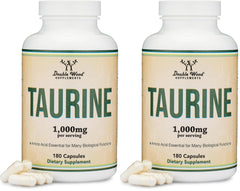 Taurine supplement bottle front view - 1000mg per serving, 180 capsules, pack of 2
