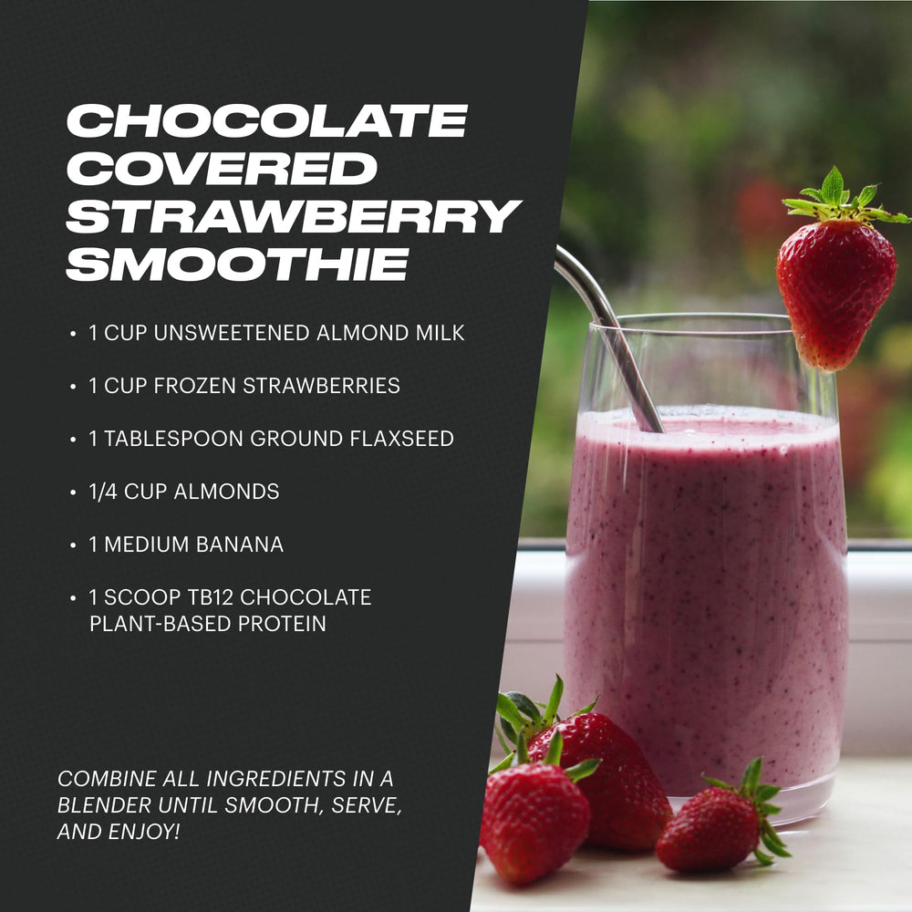 Chocolate TB12 protein powder on a kitchen counter