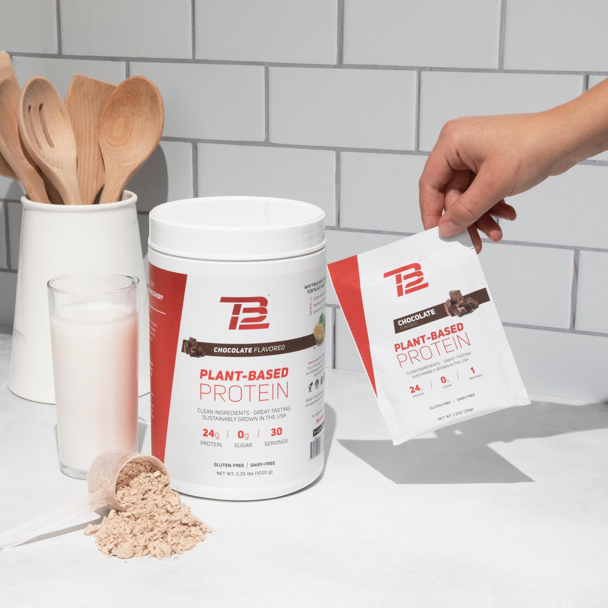 TB12 12-pack chocolate protein powder packaging side view