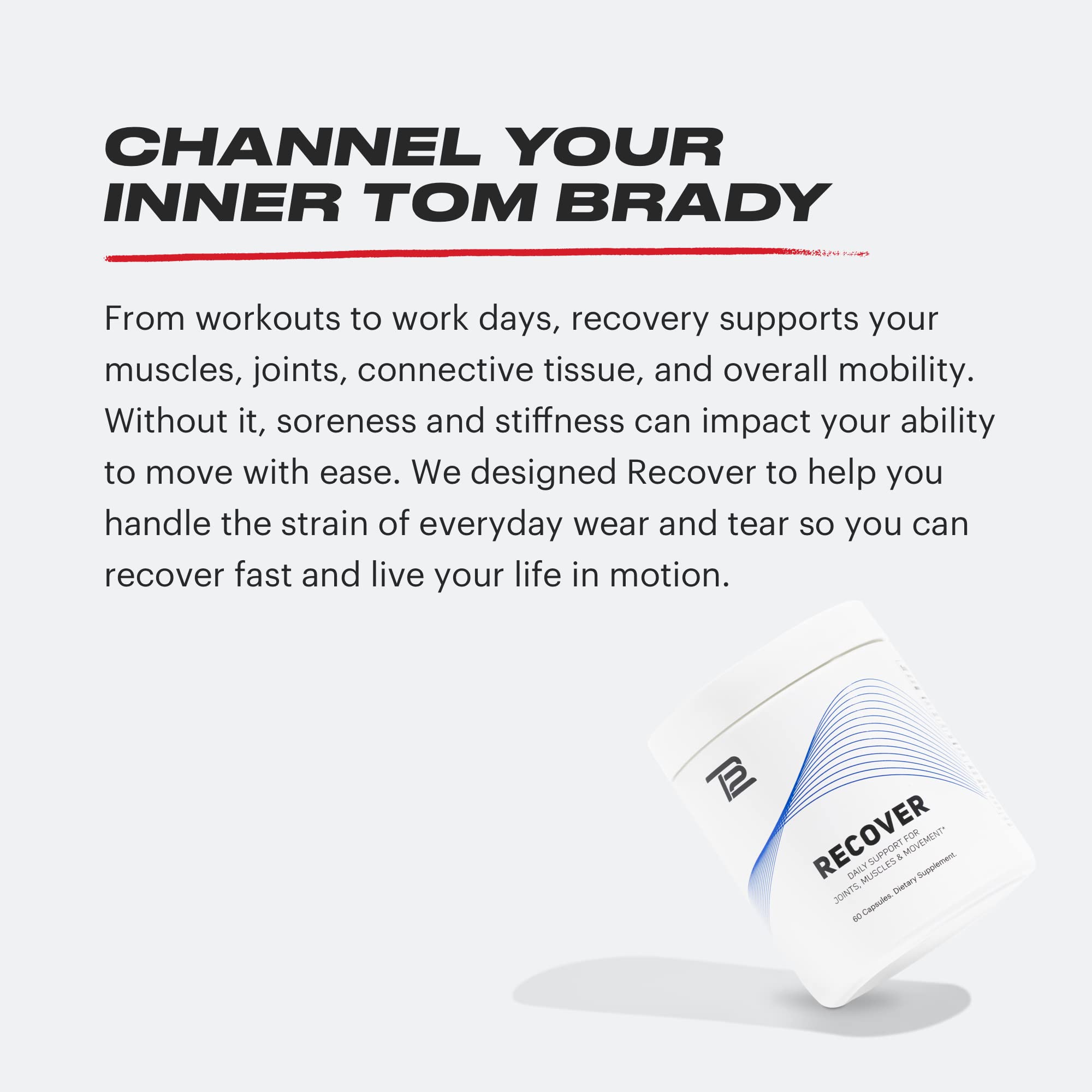 TB12 Recover ingredients graphic highlights tart cherry curcumin boswellia.