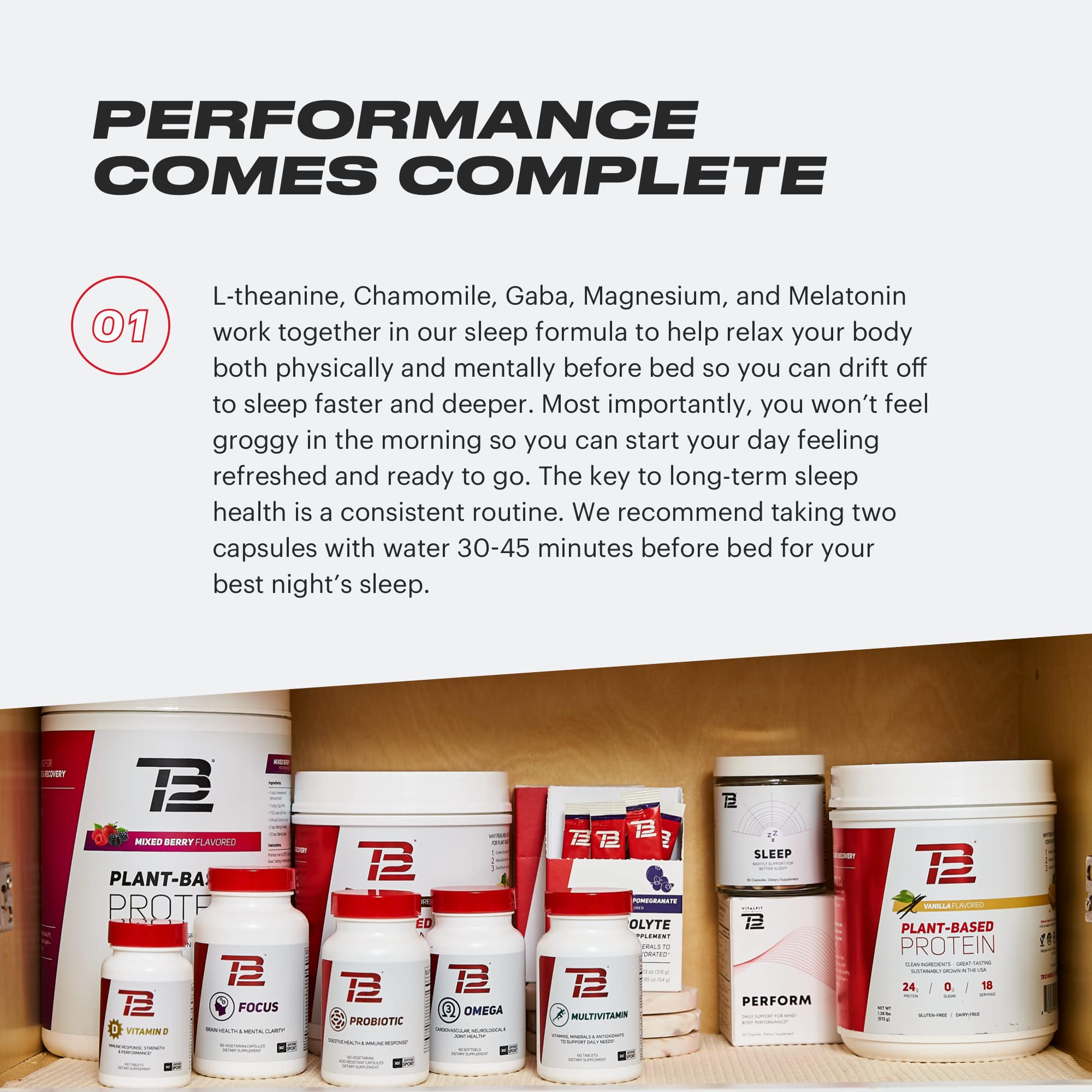 Graphic showing TB12 Sleep benefits: faster sleep onset, relaxation, improved sleep quality