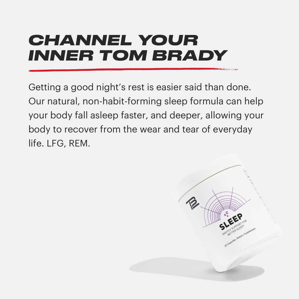 TB12 Sleep bottle label highlighting natural, non-GMO formula