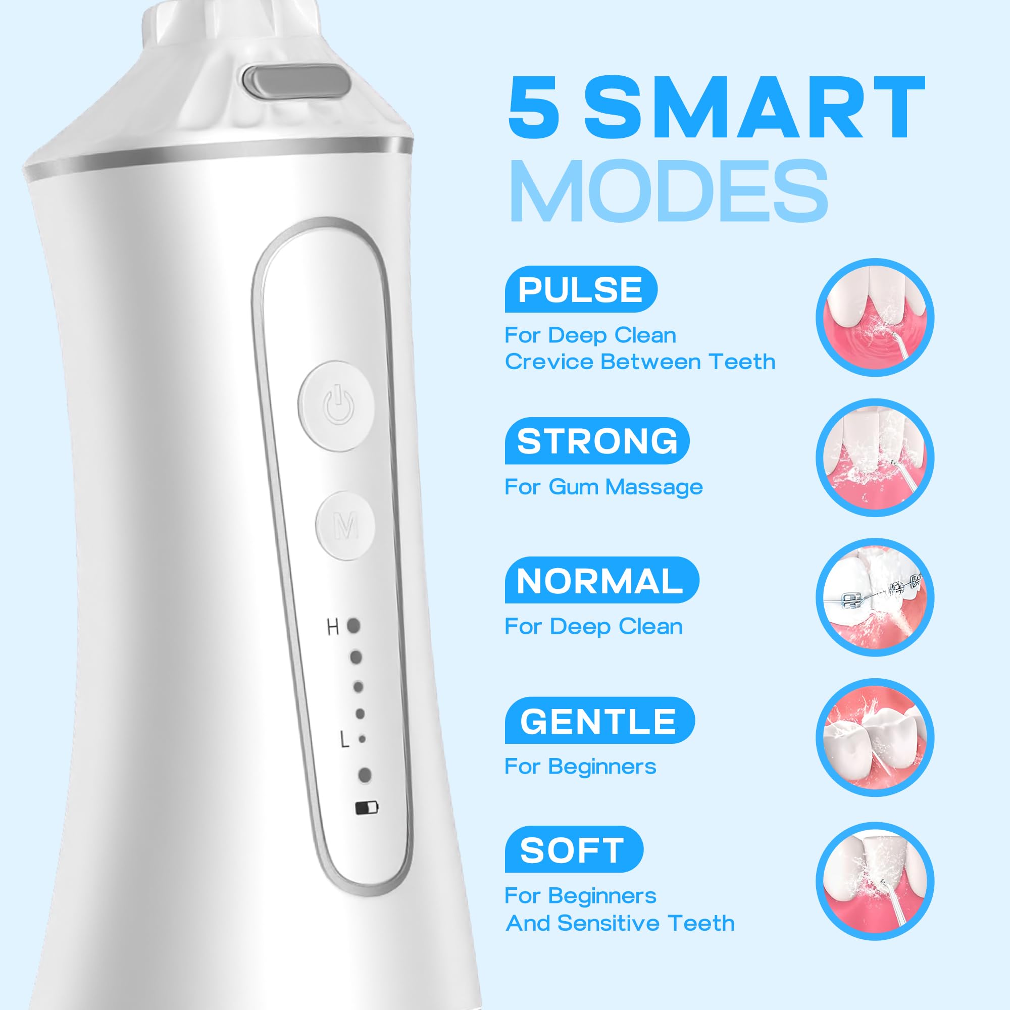 Close up of TBPO water flosser 5 mode settings
