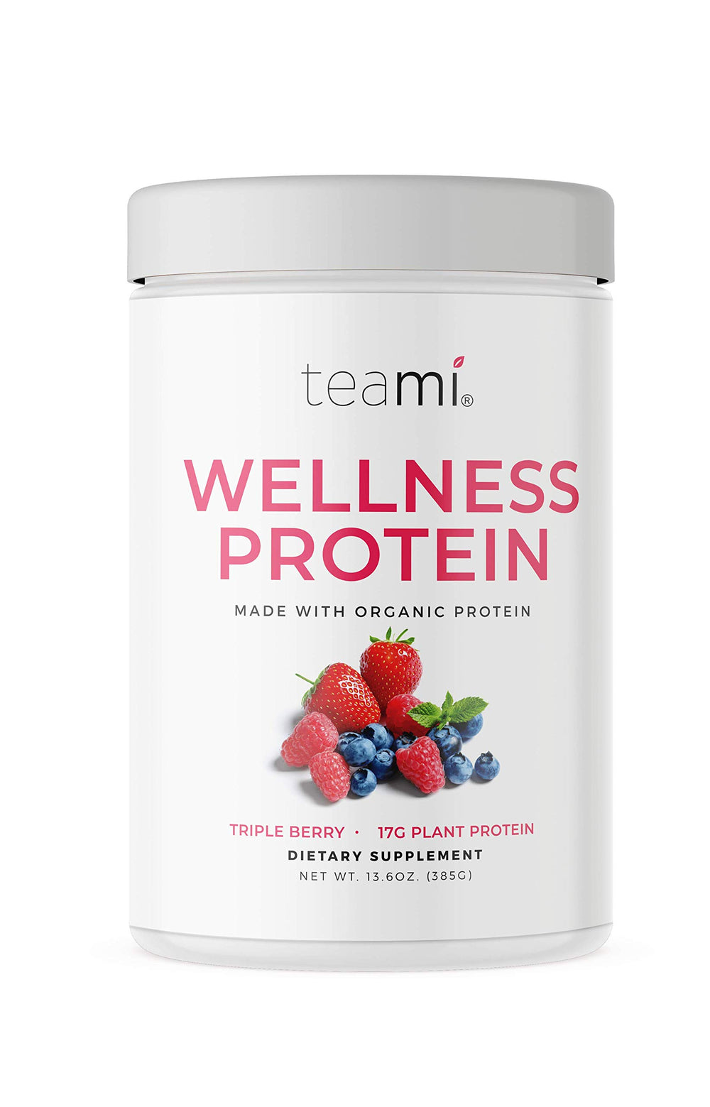 Teami vegan protein powder triple-berry tub shows protein-packed daily fuel.