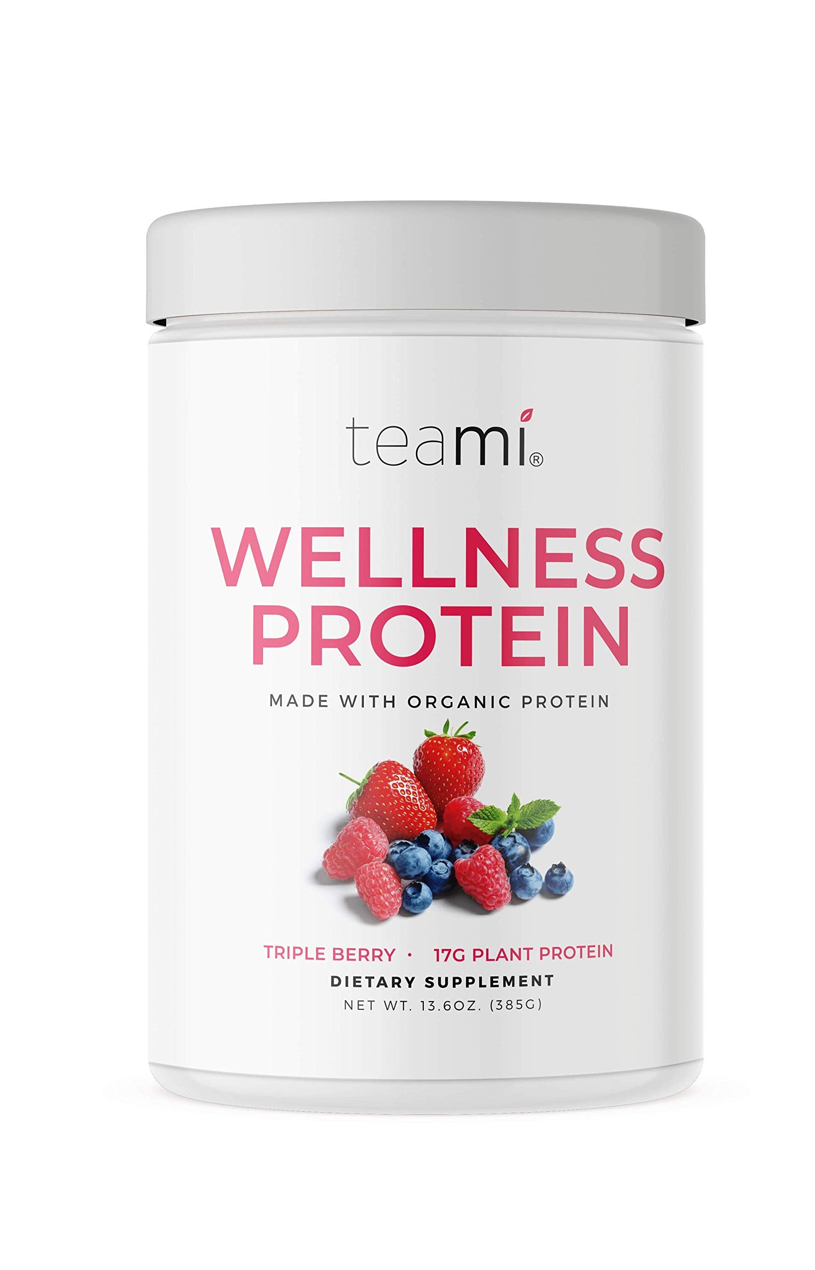 Teami vegan protein powder triple-berry tub shows protein-packed daily fuel.
