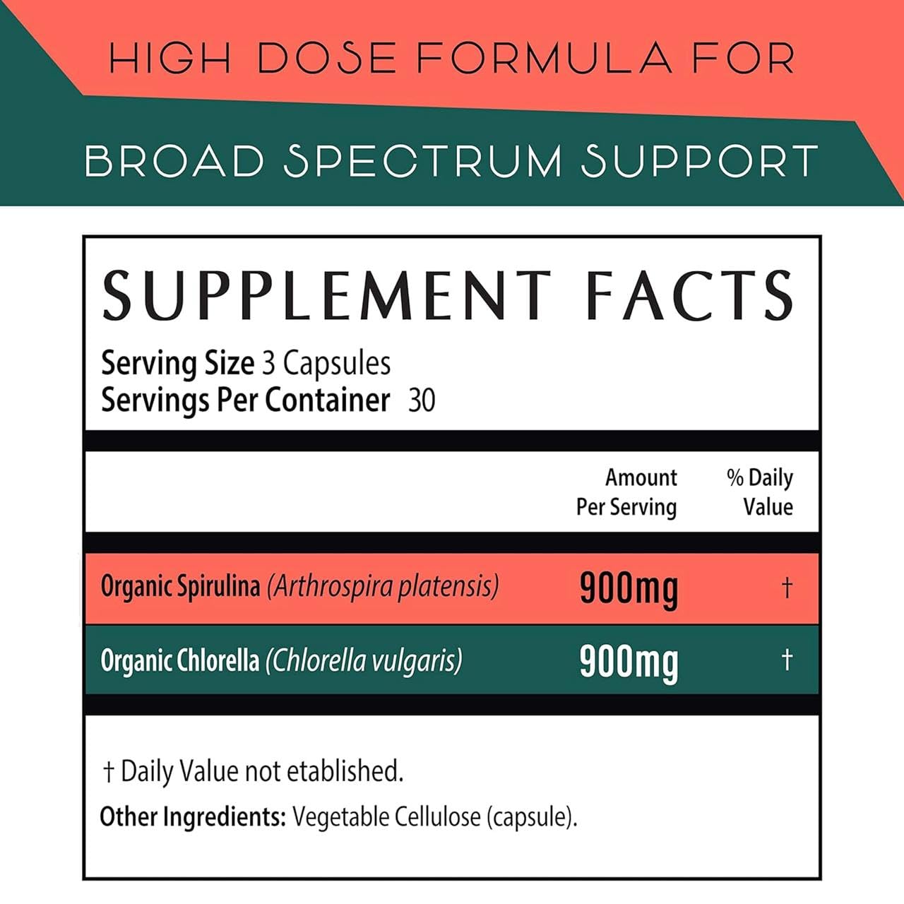 Organic spirulina and chlorella powder capsules in bottle