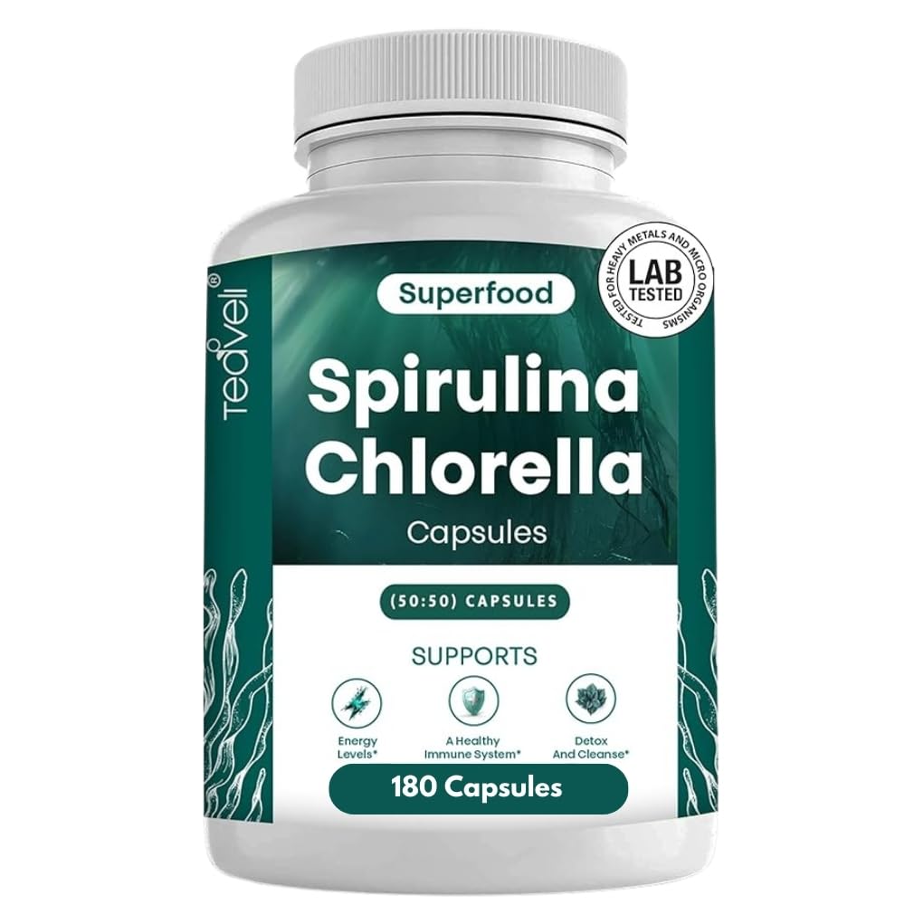 Bottle of Teaveli Organic Spirulina & Chlorella Capsules