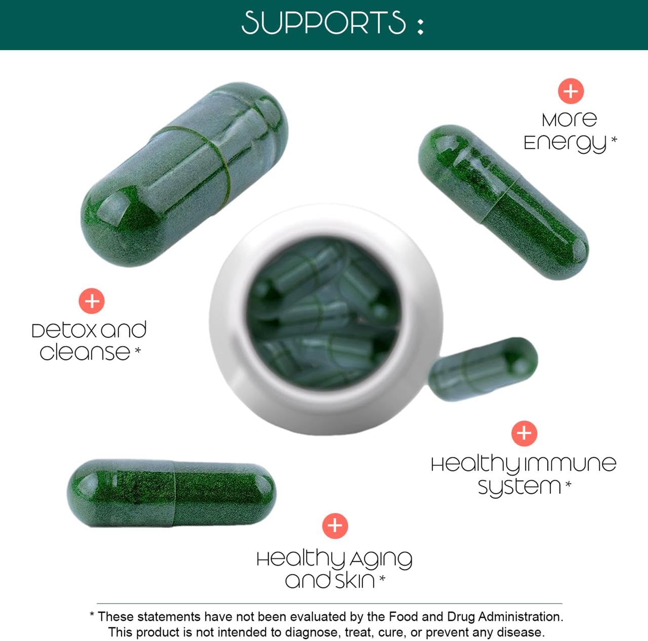 Side view of Teaveli spirulina and chlorella capsules