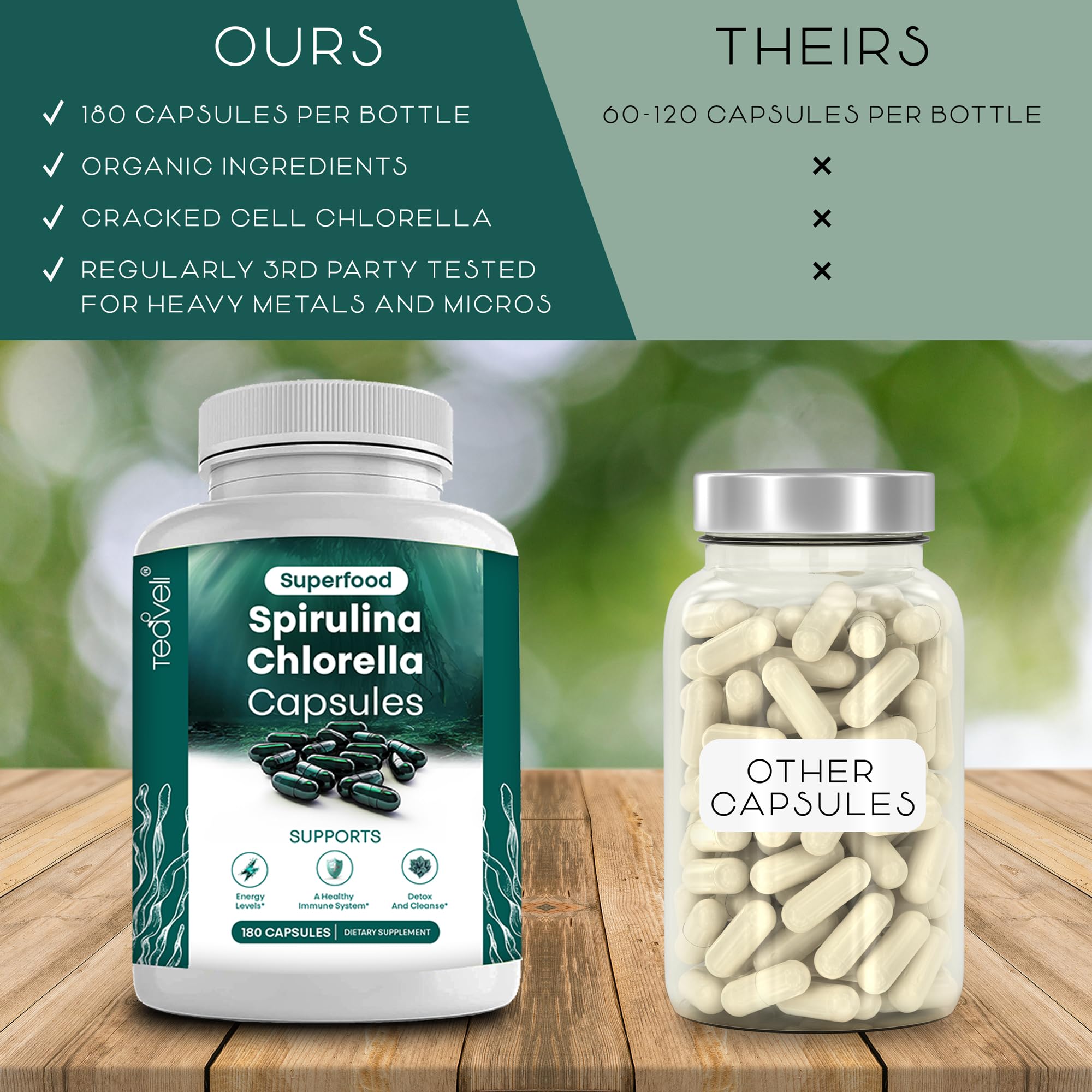 Spirulina and chlorella capsules supporting detox and immune health