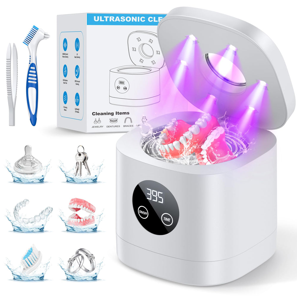 TEBAL Ultrasonic Retainer Cleaner front view on kitchen counter