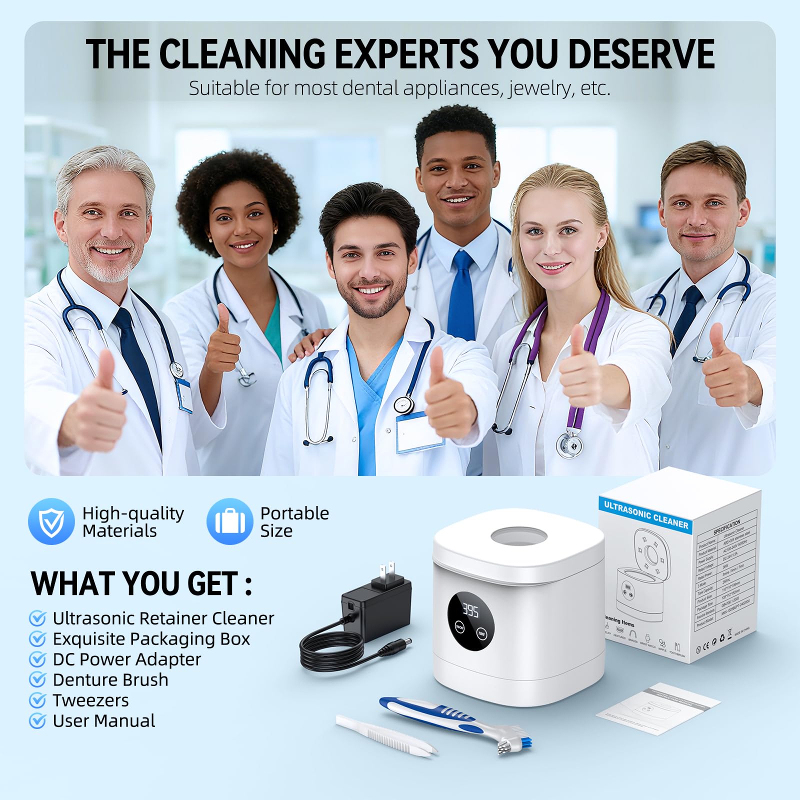 Cleaner in use with dentures, braces and jewelry being cleaned