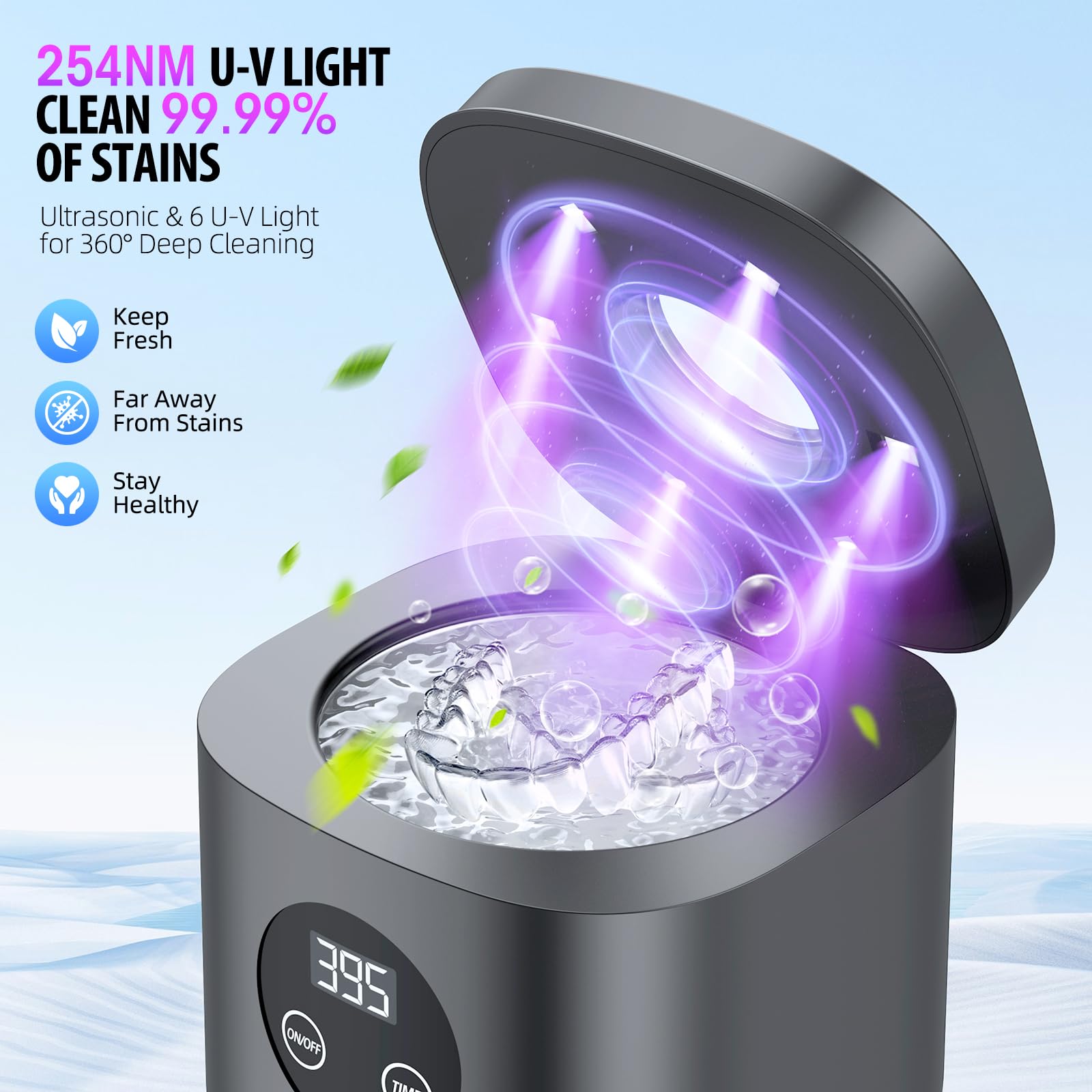 6 UV lights powering the cleaning process for dental appliances
