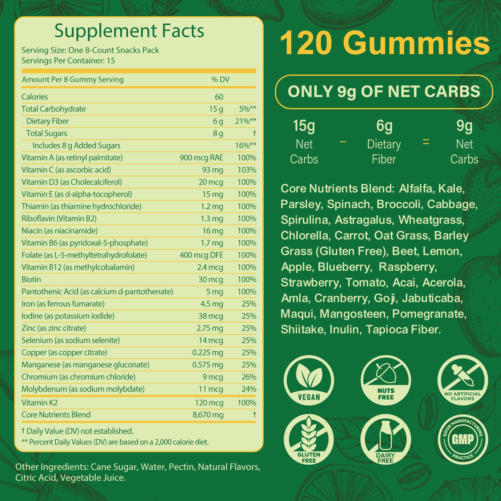 Ingredients overview showing spirulina, chlorella, prebiotics and fiber