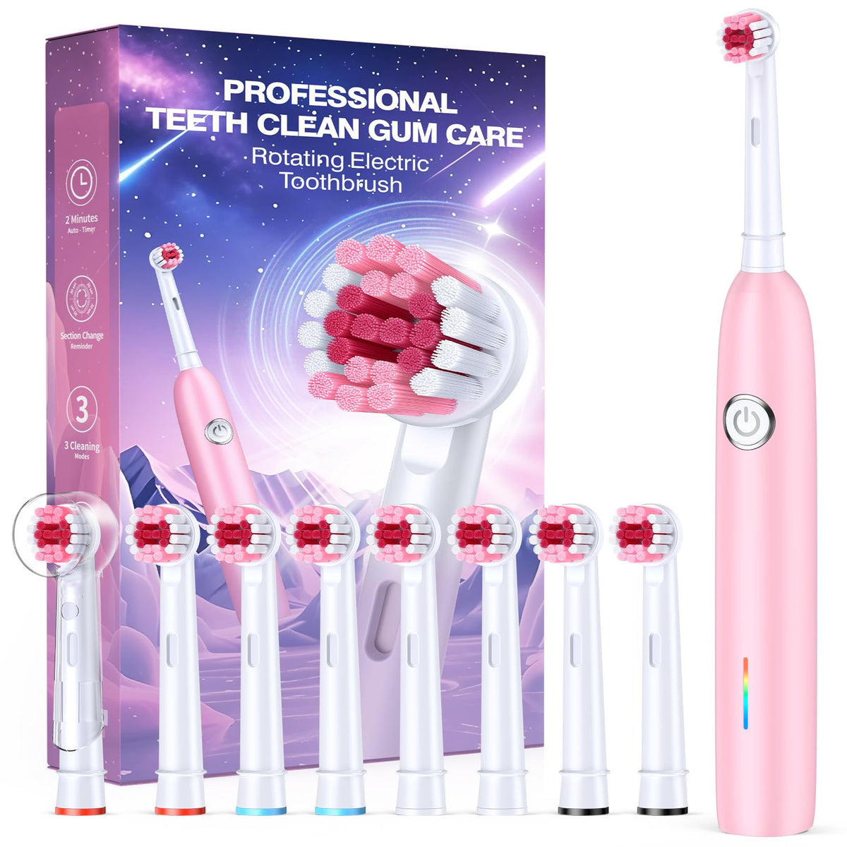 Front view of Teeaegis pink rotating electric toothbrush