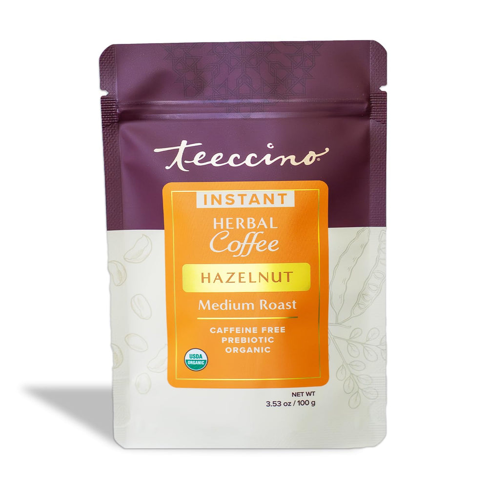 Teeccino Instant Hazelnut pack promises quick, caffeine-free coffee-like flavor for anytime refreshment.
