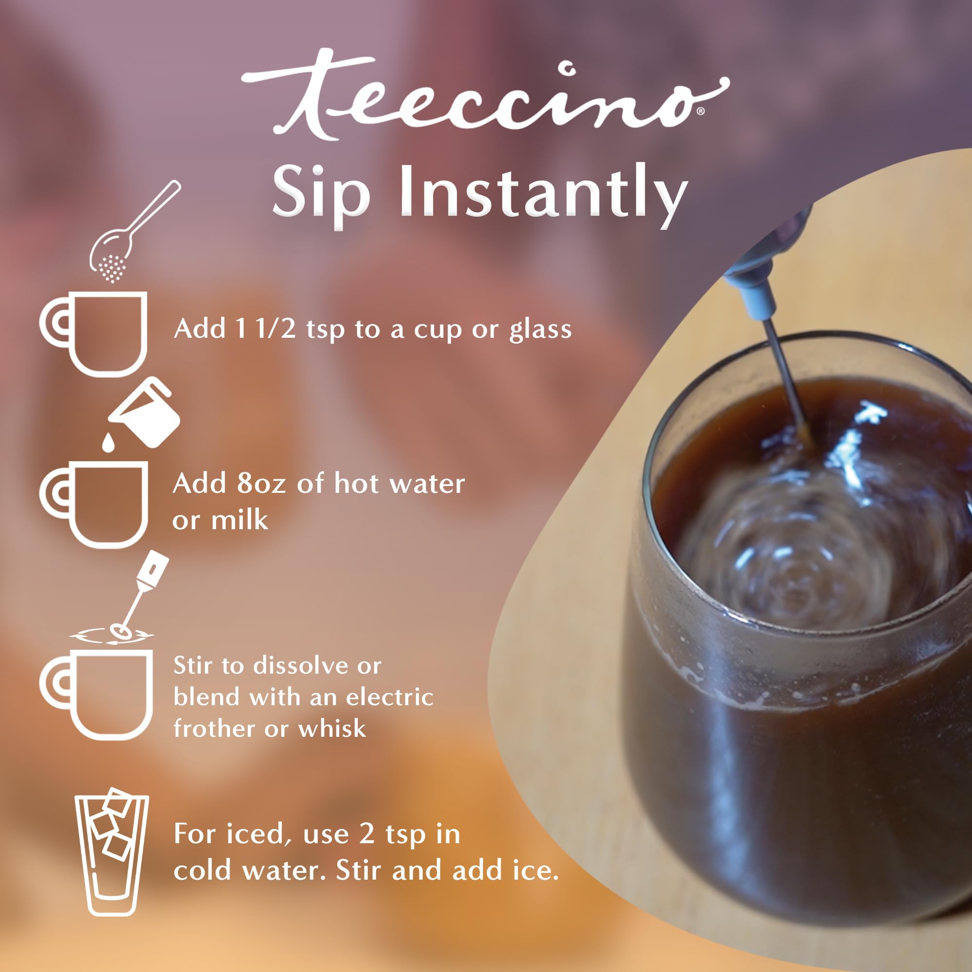 Pouring hot water over Teeccino instant hazelnut for smooth, dairy-free premium experience.
