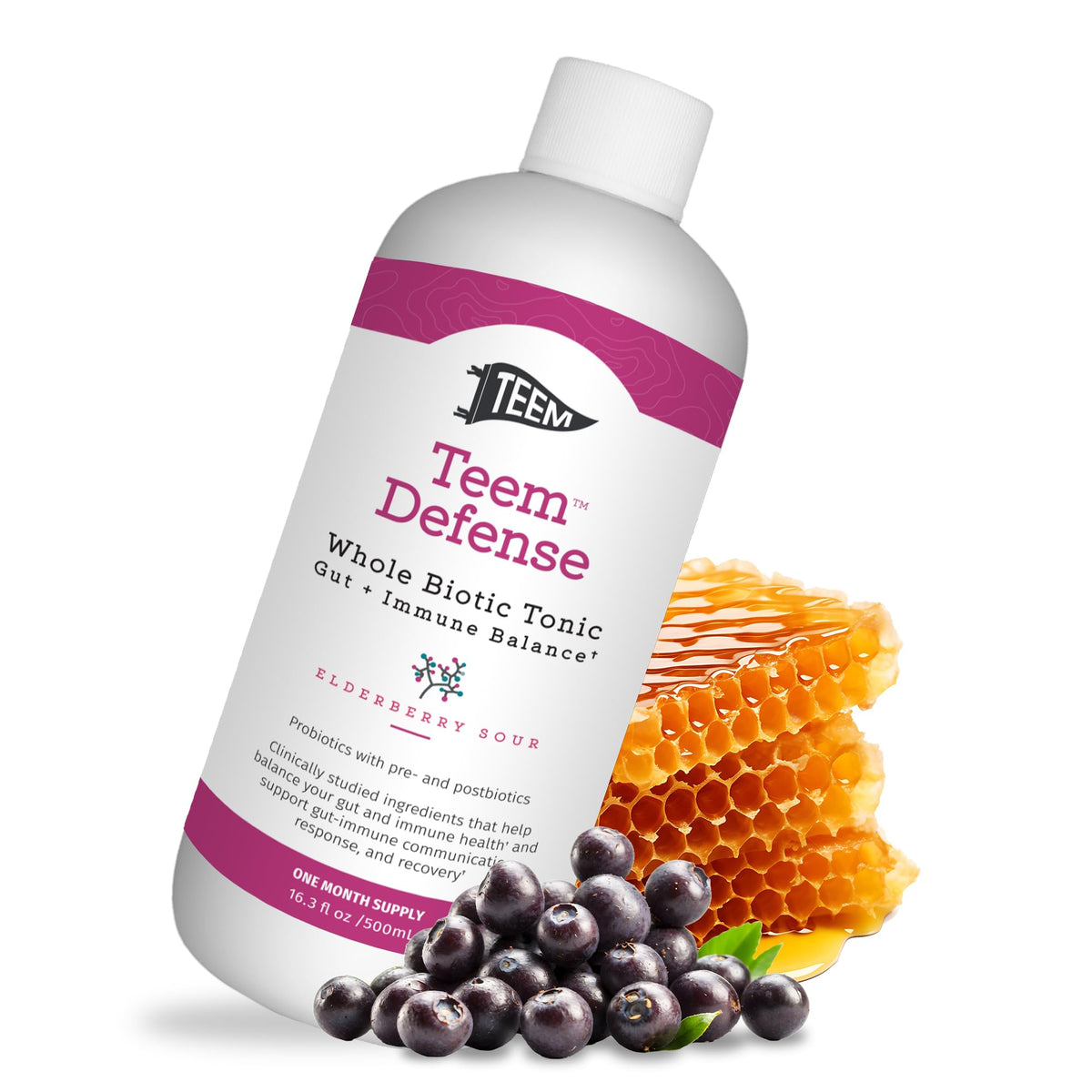 Teem Defense bottle 16 oz with elderberry probiotic