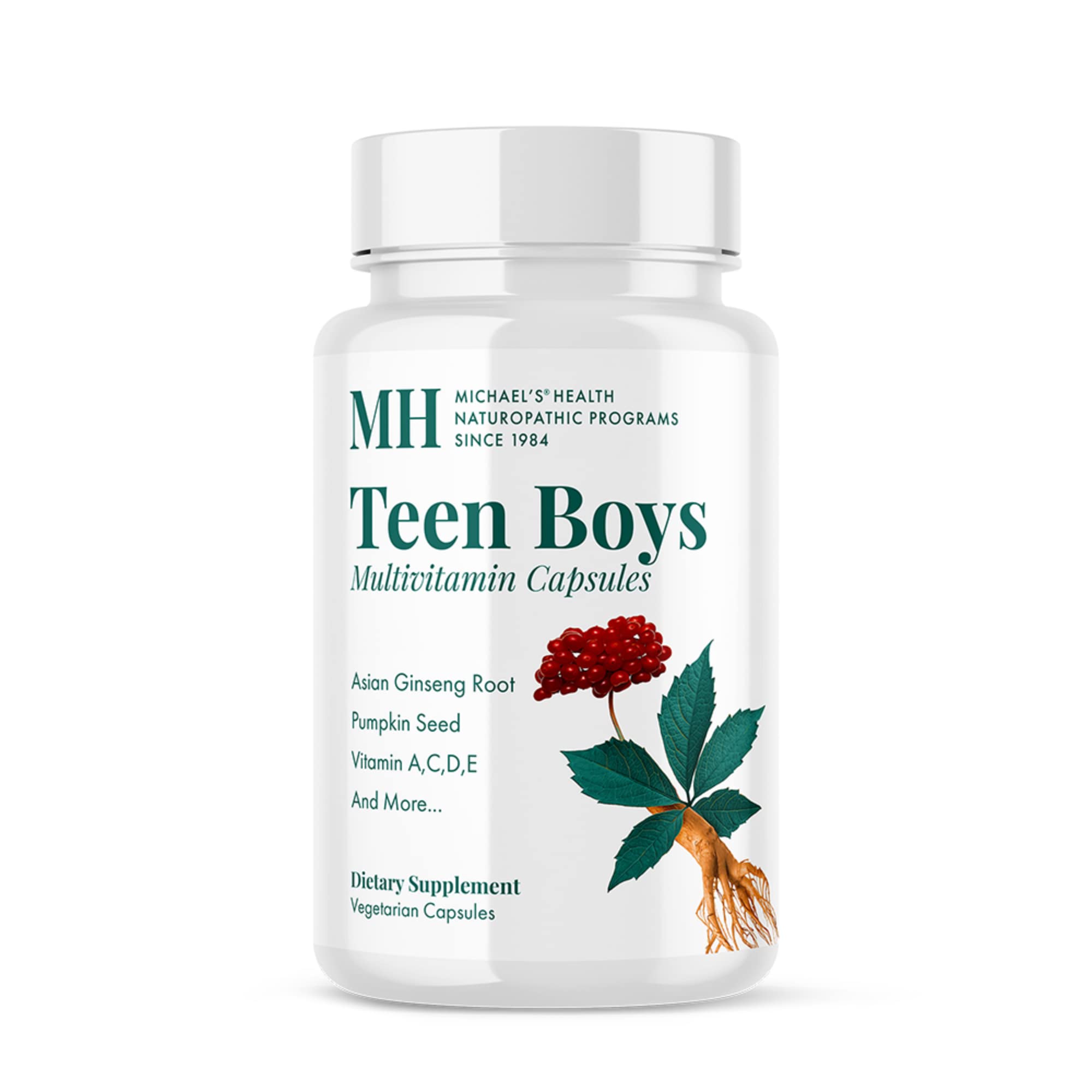 Packaging for Michael's Health Naturopathic Teen Boys Daily Multivitamin (120 vegetarian capsules)
