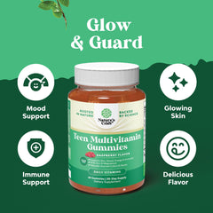 Gummies resembling colorful teen vitamins in bottle