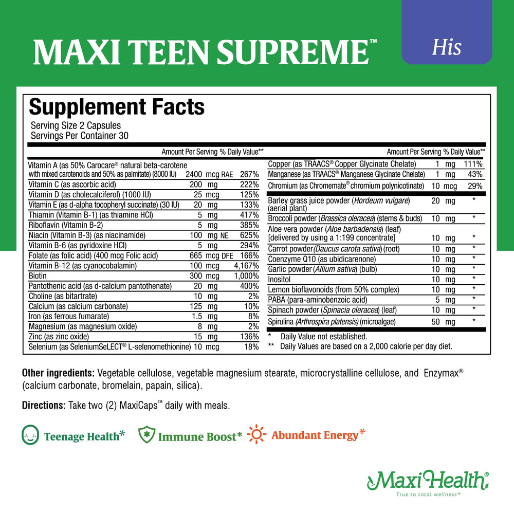 Label on bottle showing 60-count Teen Multivitamin Supreme