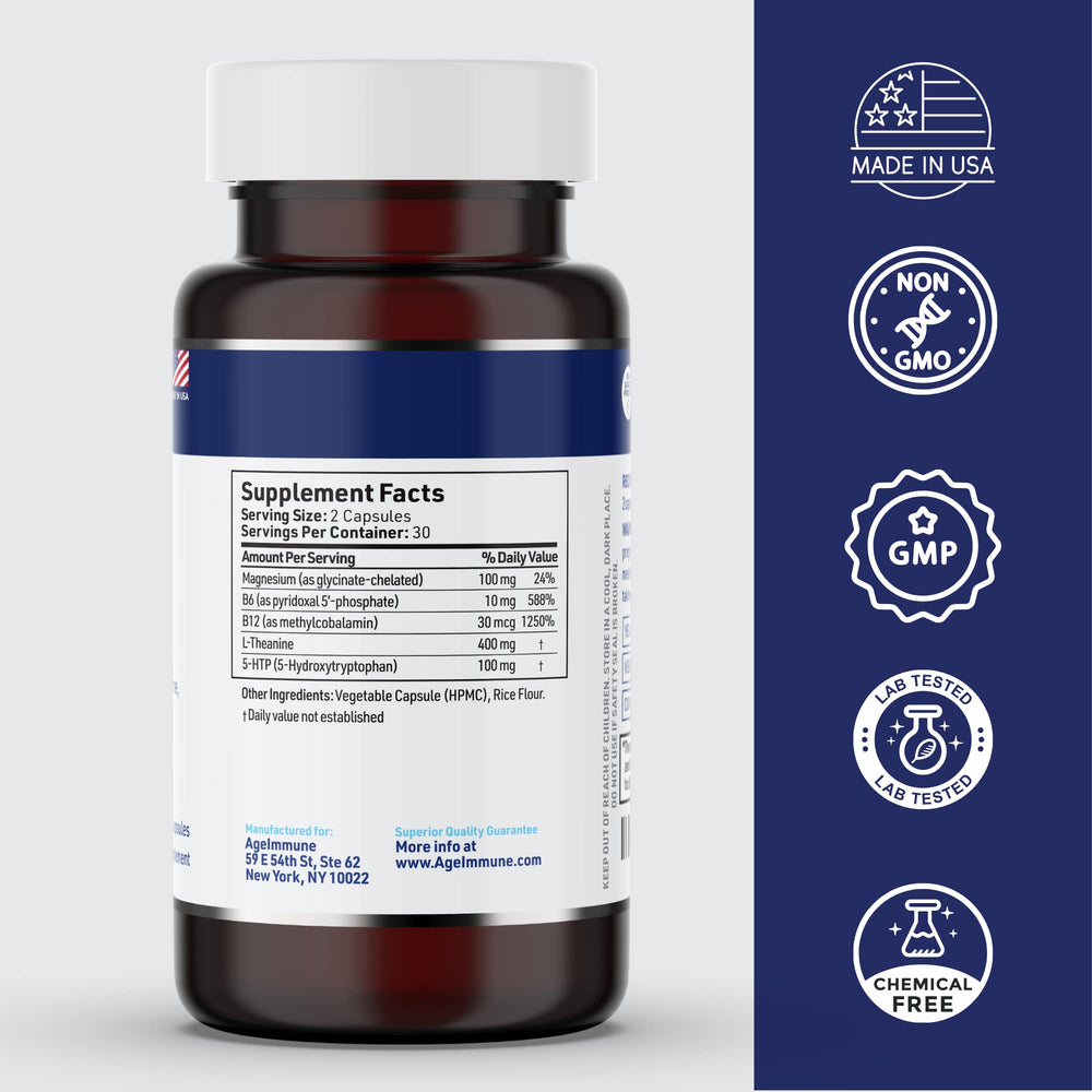 Close-up of ingredients: L-Theanine and 5-HTP for teen and adult stress support