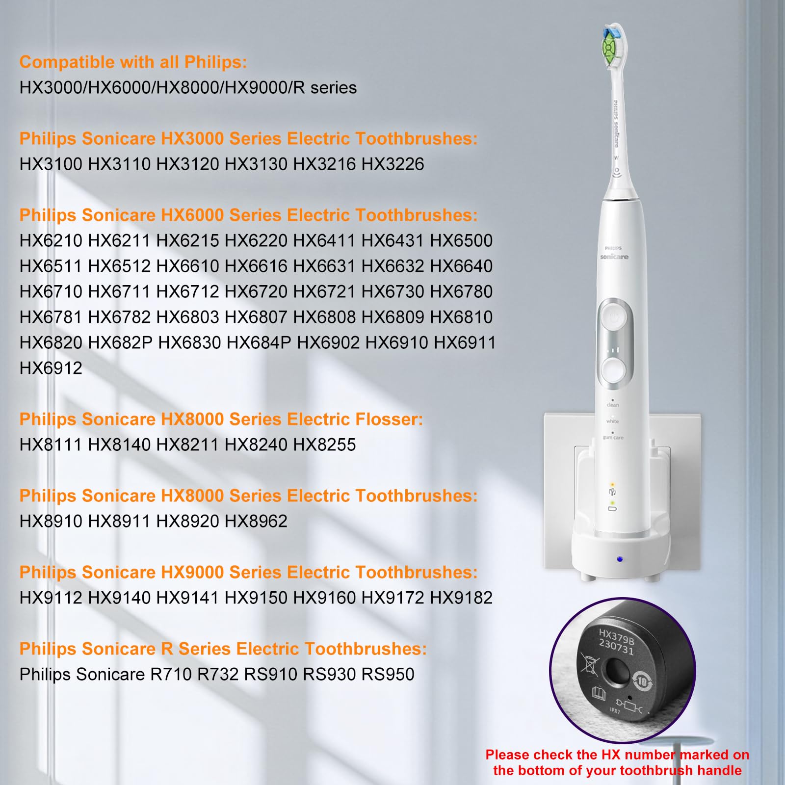 Compatibility list including Philips Sonicare models and Flosser
