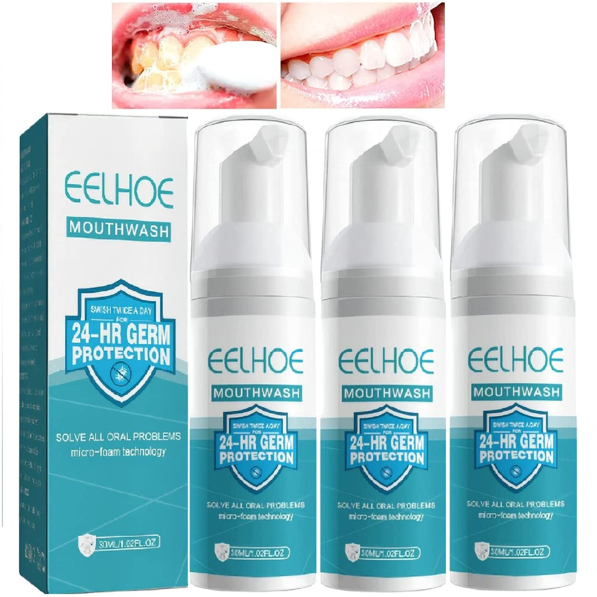 Three-pack Teeth Mouthwash Foam bottles on white background