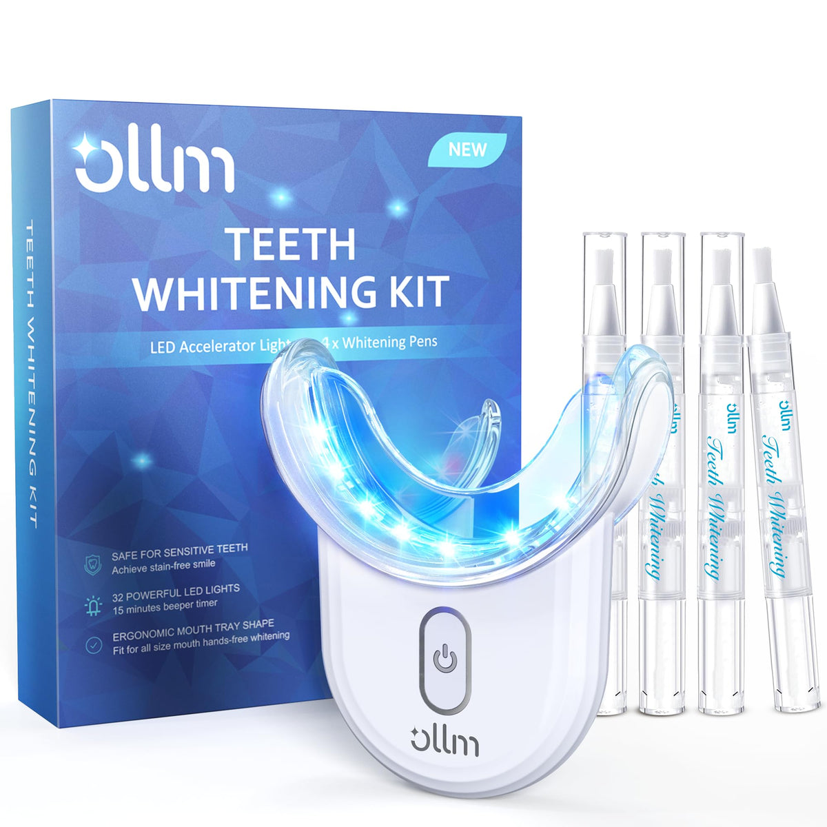 Teeth whitening kit with LED light in its box