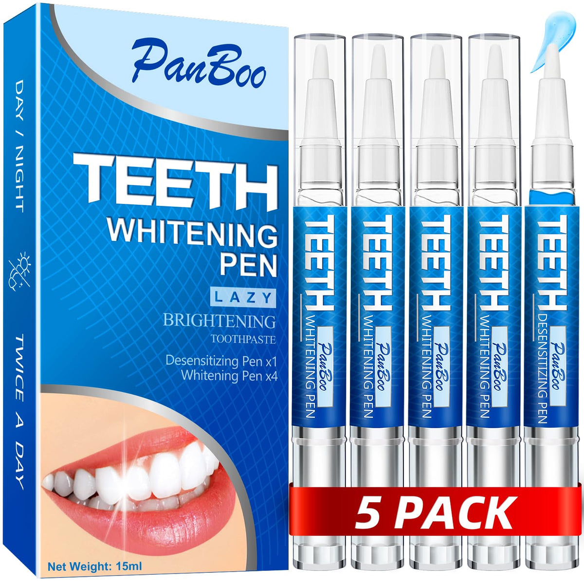 Five-pack teeth whitening pens displayed together