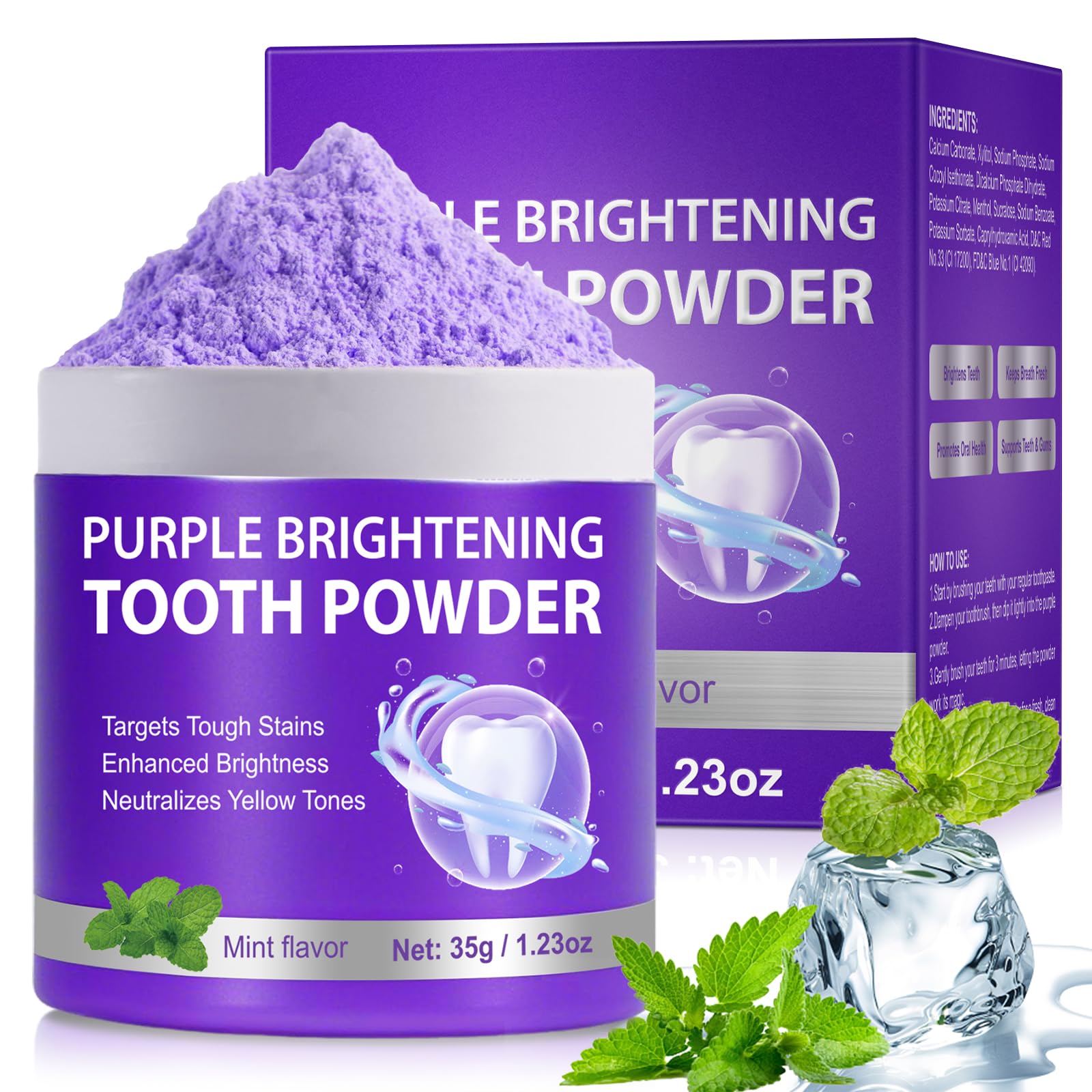 Purple formula Teeth Whitening Powder neutralizes yellow tones