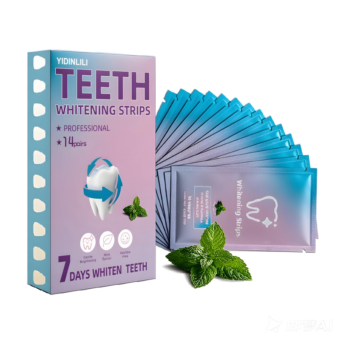 Enamel-safe teeth whitening strips packaging showing 14 treatments