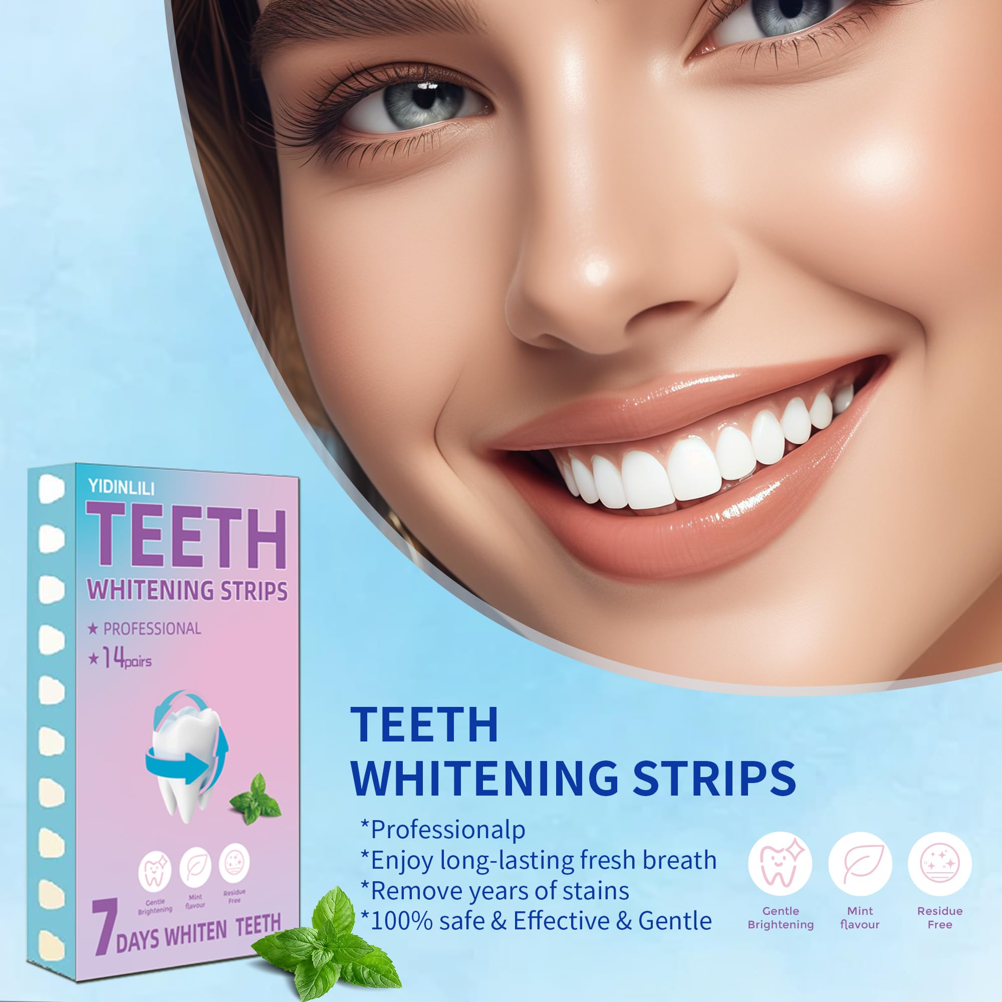 Hands applying whitening strips to teeth