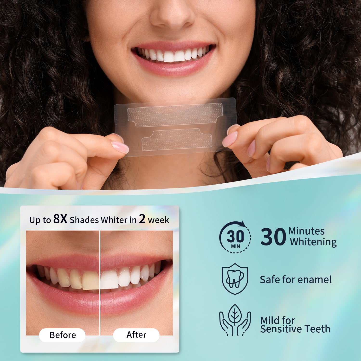 Close-up of whitening strips applying to teeth