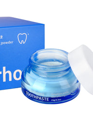 Teeth whitening powder with scoop on white background