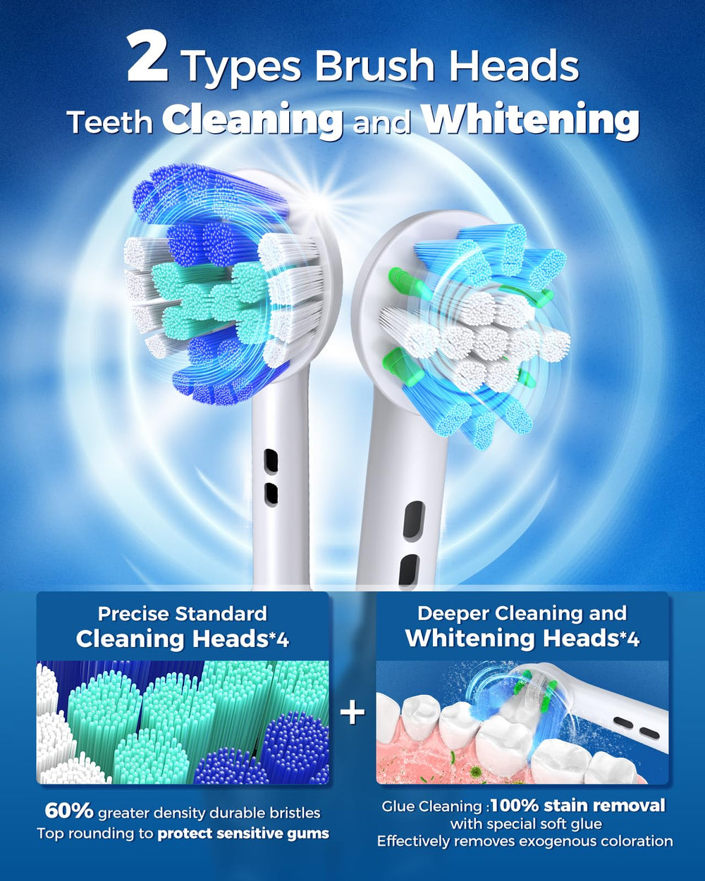 Eight replacement brush heads with color-coded collars