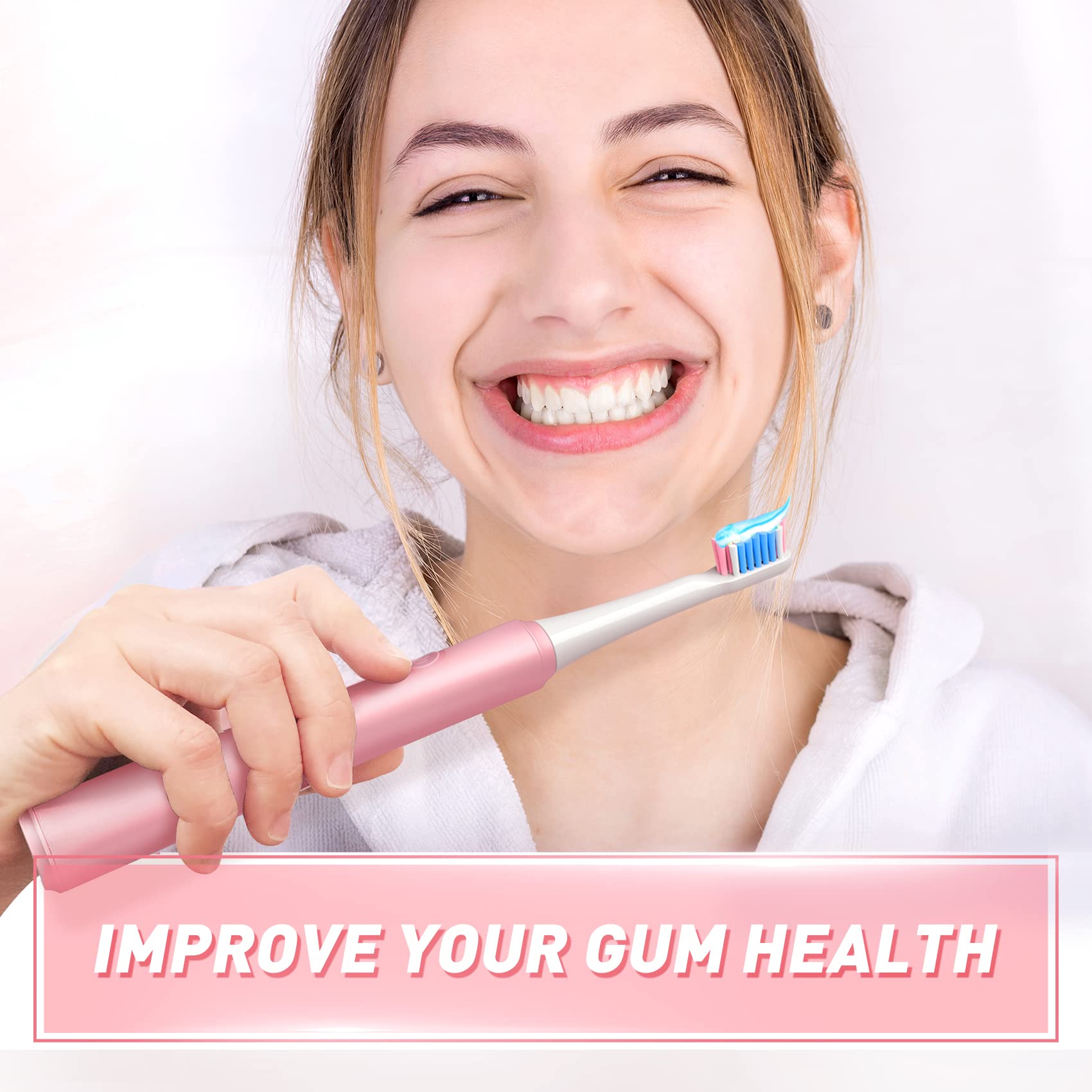 Package includes toothbrush, 10 heads, USB cable and holder
