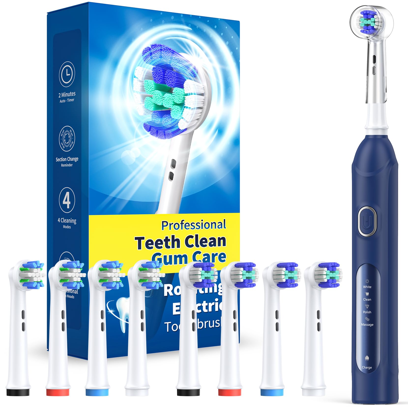 Front view of TEETHEORY rotating electric toothbrush in dark blue (model p1)