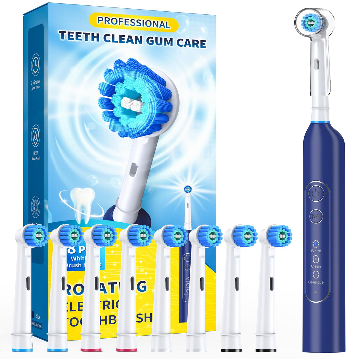 TEETHEORY rotating electric toothbrush blue with 8 DuPont brush heads