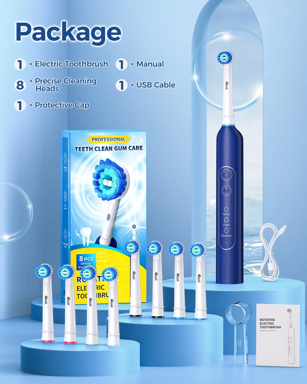 Box packaging and product overview of TEETHEORY blue toothbrush
