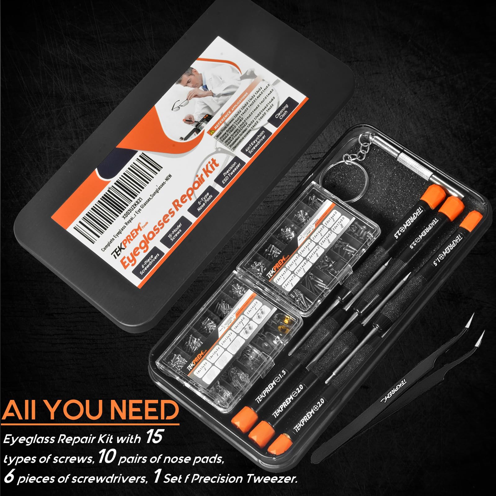 Assorted eyeglass screws in two storage boxes