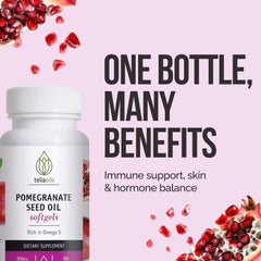Close-up of Teliaoils pomegranate-linseed softgel capsules