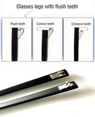 Temple arms showing hinge spacing and flat teeth design