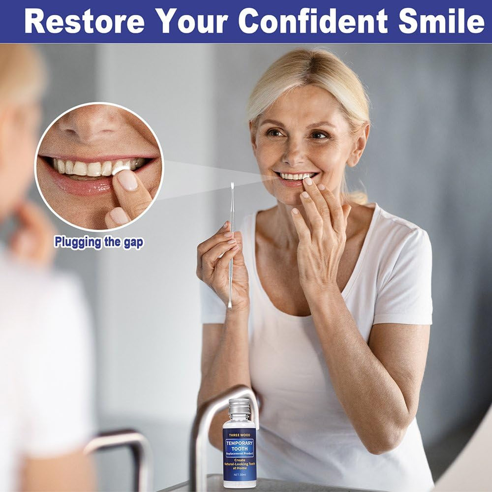 Hand applying the temporary tooth repair kit to a missing tooth